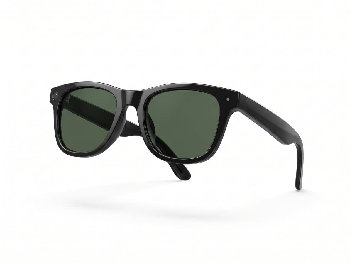 Lunettes connectées wayfarer noires avec une petite caméra dans l’angle