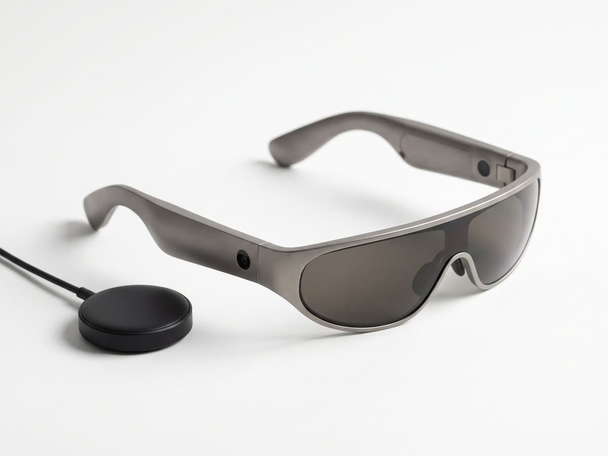 Lunettes d’informatique spatiale gris titane à côté d’un petit boîtier de calcul noir